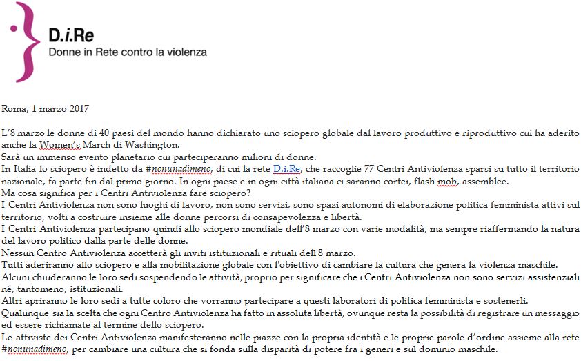 Comunicato stampa D.i.Re 8 marzo